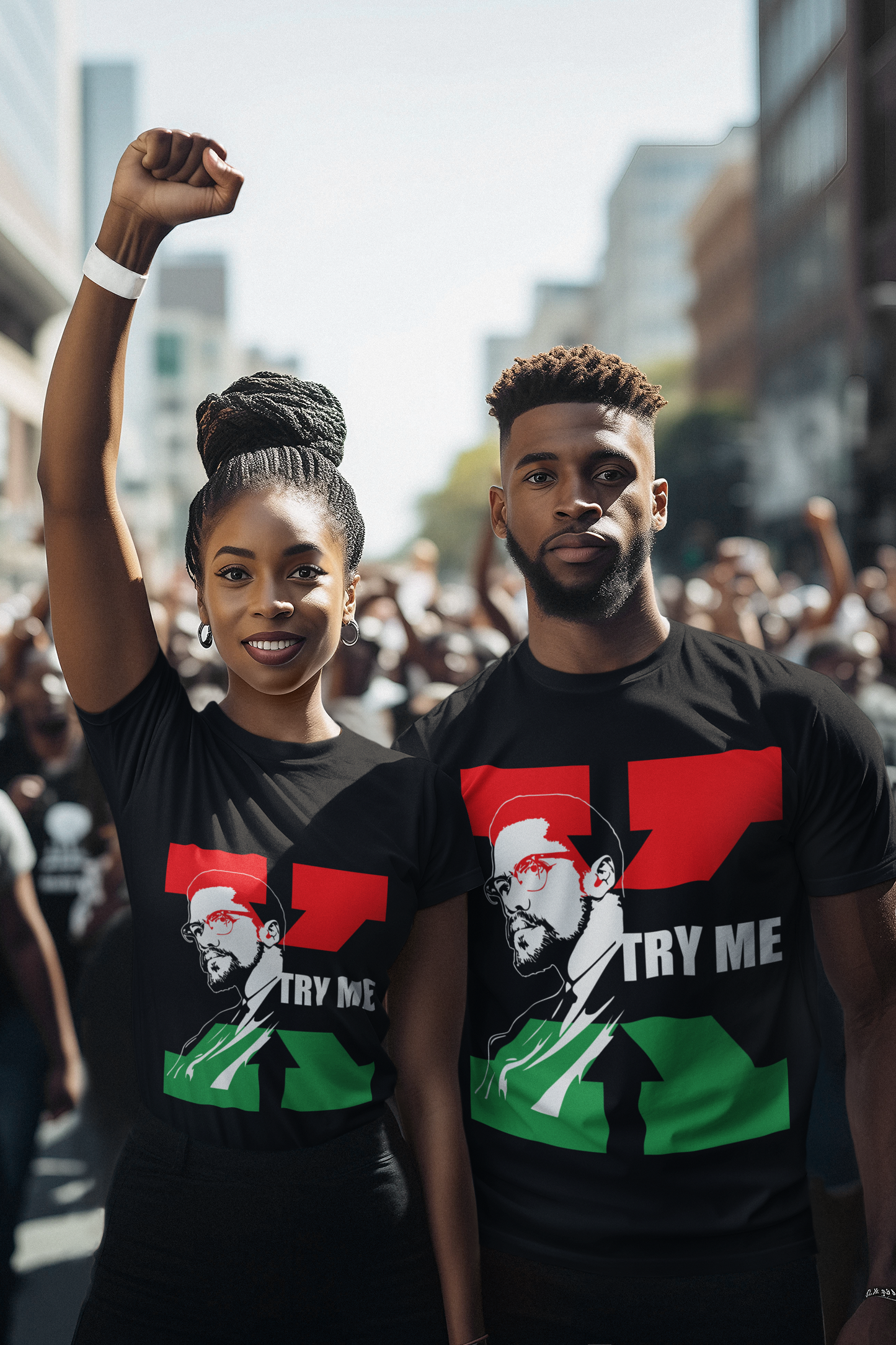African American woman and man with a Black t shirts. On the t shirts are sketches of Malcolm X with a Red and Green X behind him and the words "Try Me' next to him in white letters.