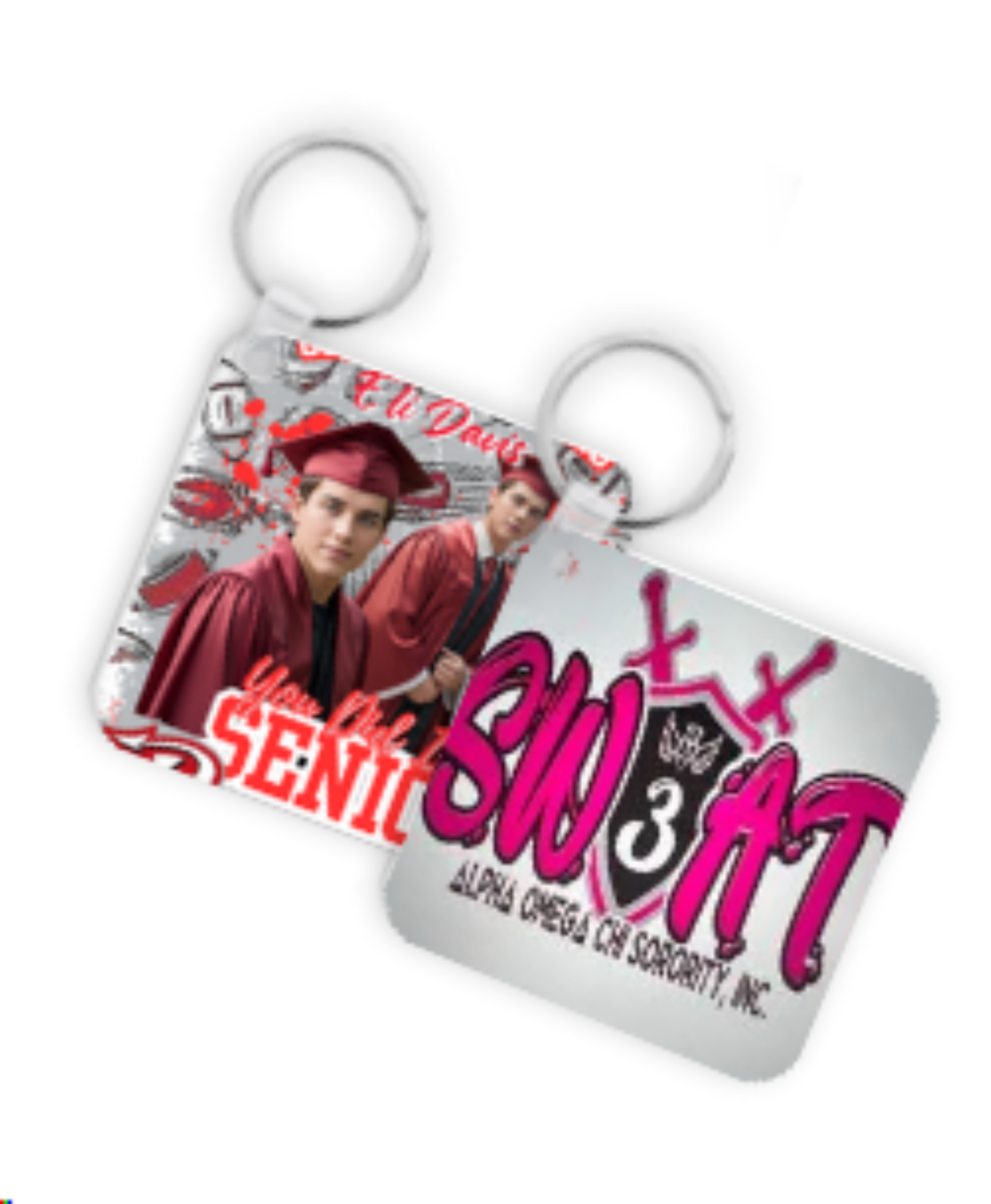 two keychains, one with a grad photo the other with a sorority graphic