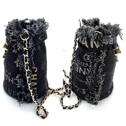 Chanel Denim Quilted Mood Mini Bucket With Chain Black