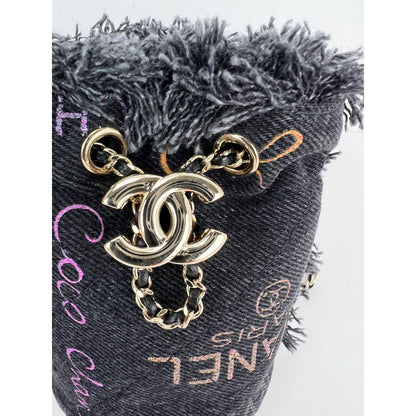 Chanel Denim Quilted Mood Mini Bucket With Chain Black