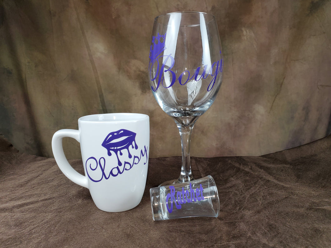 Wine glass, Coffee cup and shot glass with words 
