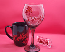 Load image into Gallery viewer, Wine glass, Coffee cup and shot glass with words &quot;Classy, Bougie, Ratchet&quot; on them.