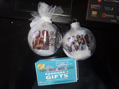 Floating ornaments with photos of family members and a card for Pandora J Gifts
