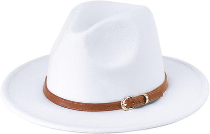 Pandora J Women's Flat Wide Brim Teardrop Crown Felt Fedora Hat with Hat Belt