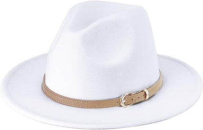 Pandora J Women's Flat Wide Brim Teardrop Crown Felt Fedora Hat with Hat Belt