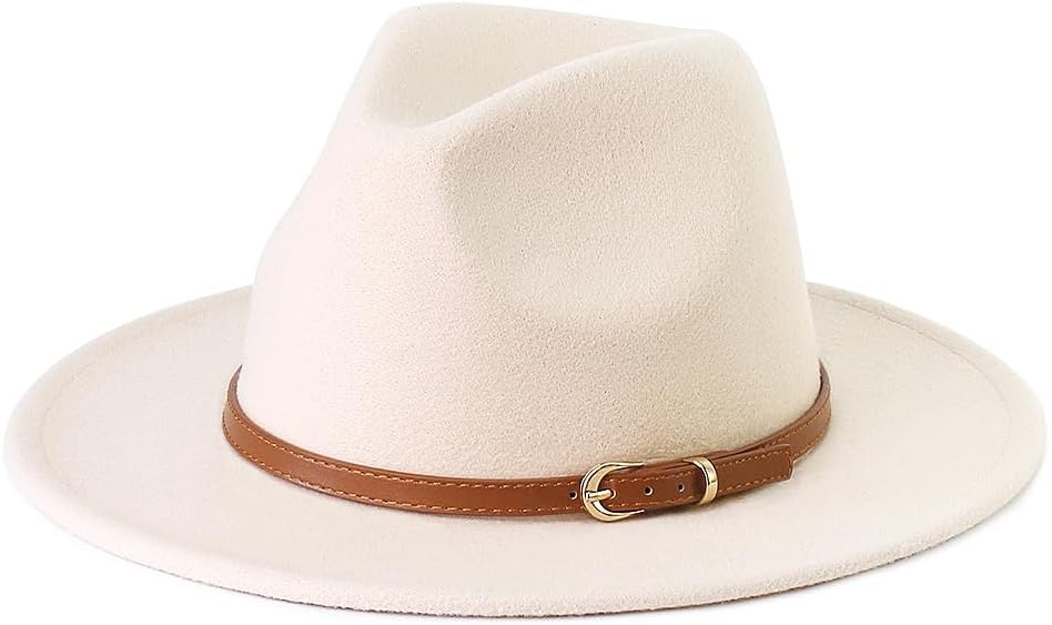 Pandora J Women's Flat Wide Brim Teardrop Crown Felt Fedora Hat with Hat Belt