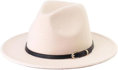 Pandora J Women's Flat Wide Brim Teardrop Crown Felt Fedora Hat with Hat Belt