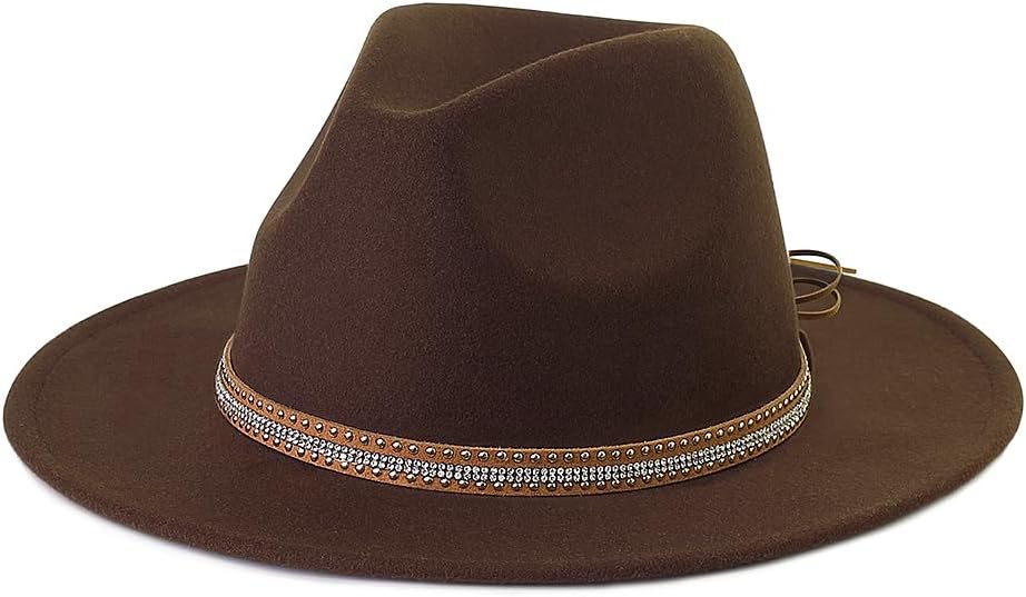 Pandora J Women's Flat Wide Brim Teardrop Crown Felt Fedora Hat with Hat Belt