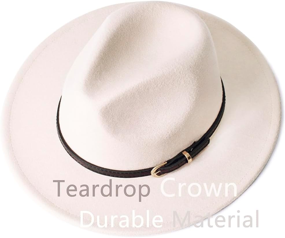 Pandora J Women's Flat Wide Brim Teardrop Crown Felt Fedora Hat with Hat Belt