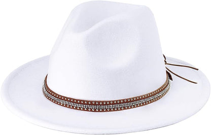 Pandora J Women's Flat Wide Brim Teardrop Crown Felt Fedora Hat with Hat Belt