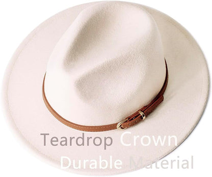 Pandora J Women's Flat Wide Brim Teardrop Crown Felt Fedora Hat with Hat Belt