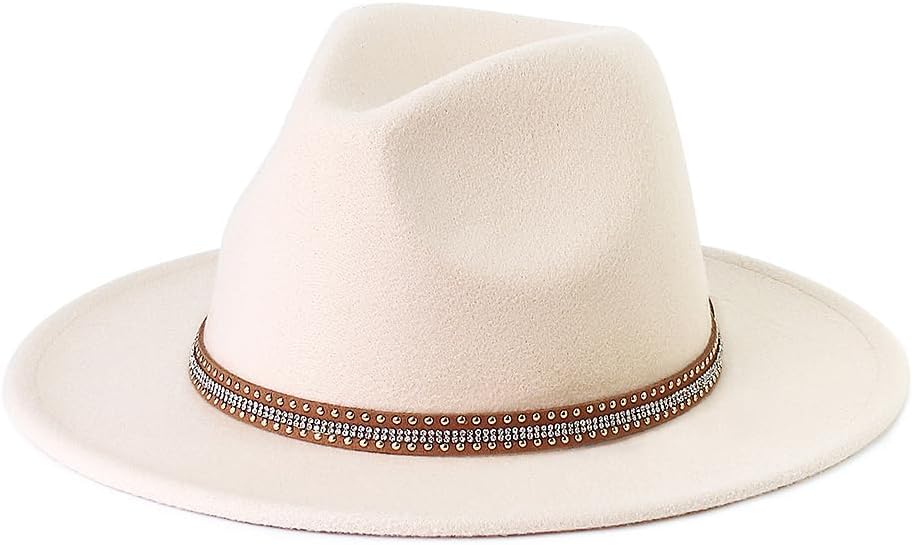 Pandora J Women's Flat Wide Brim Teardrop Crown Felt Fedora Hat with Hat Belt