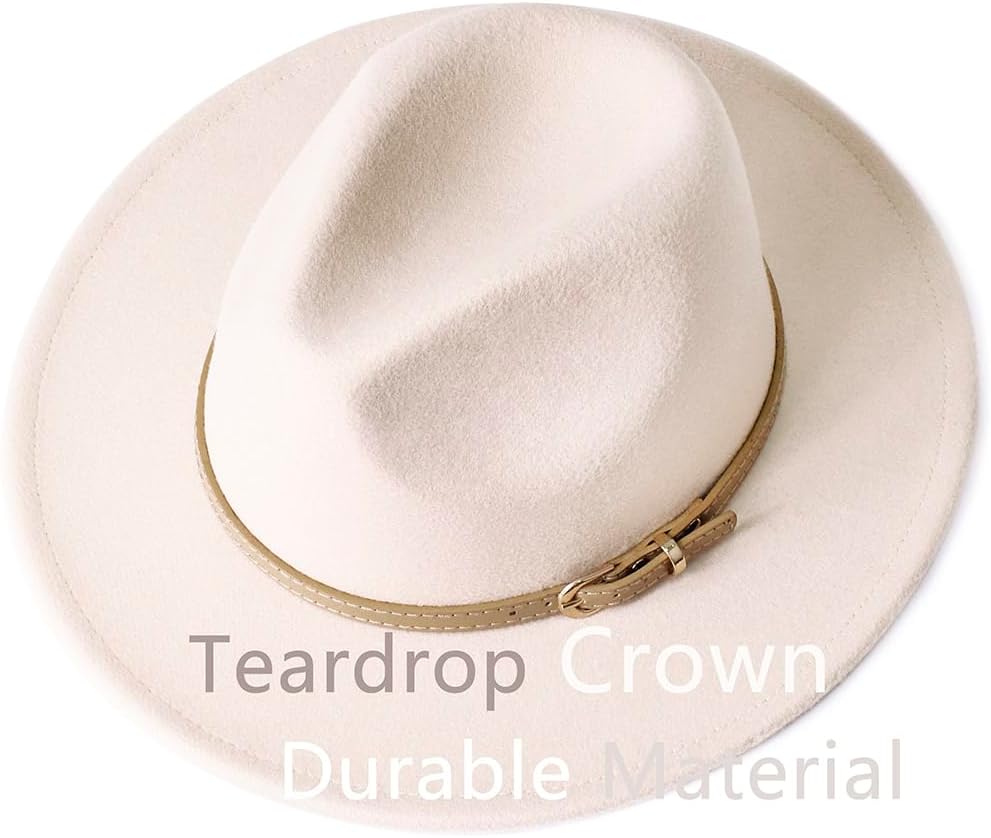 Pandora J Women's Flat Wide Brim Teardrop Crown Felt Fedora Hat with Hat Belt