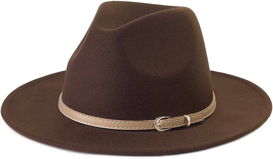 Pandora J Women's Flat Wide Brim Teardrop Crown Felt Fedora Hat with Hat Belt