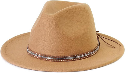 Pandora J Women's Flat Wide Brim Teardrop Crown Felt Fedora Hat with Hat Belt