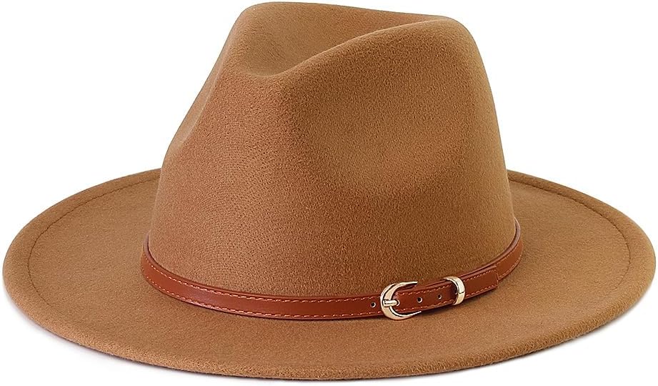 Pandora J Women's Flat Wide Brim Teardrop Crown Felt Fedora Hat with Hat Belt