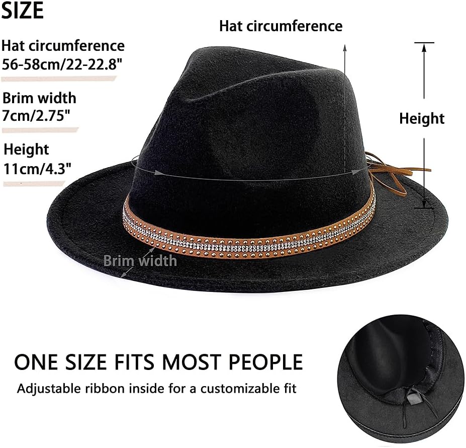 Pandora J Women's Flat Wide Brim Teardrop Crown Felt Fedora Hat with Hat Belt