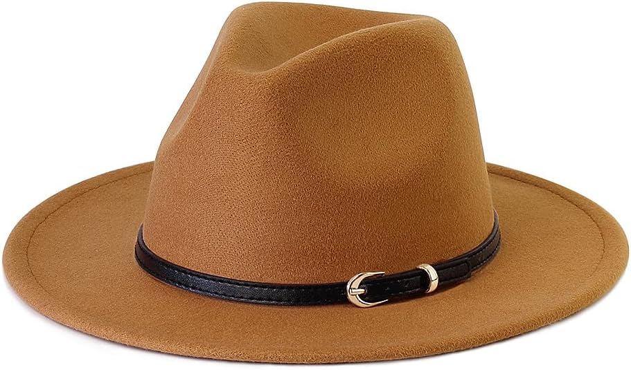 Pandora J Women's Flat Wide Brim Teardrop Crown Felt Fedora Hat with Hat Belt