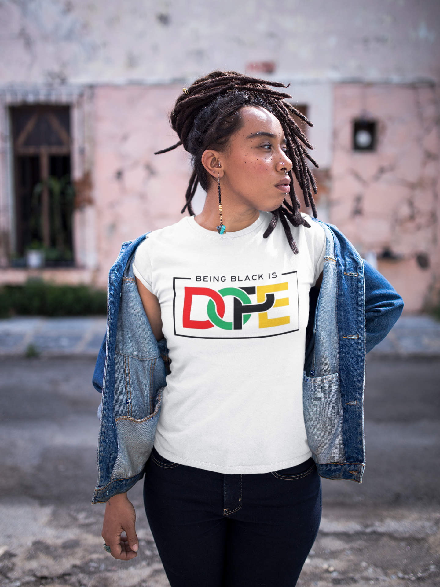 Black Girl with White T shirt text "Being Black is Dope"