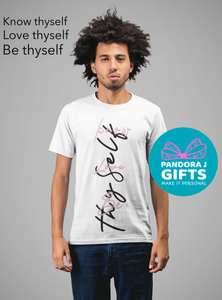 white t shirt with a vertical text of love know and be thyself
