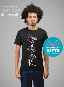 black t shirt with a vertical text of love know and be thyself