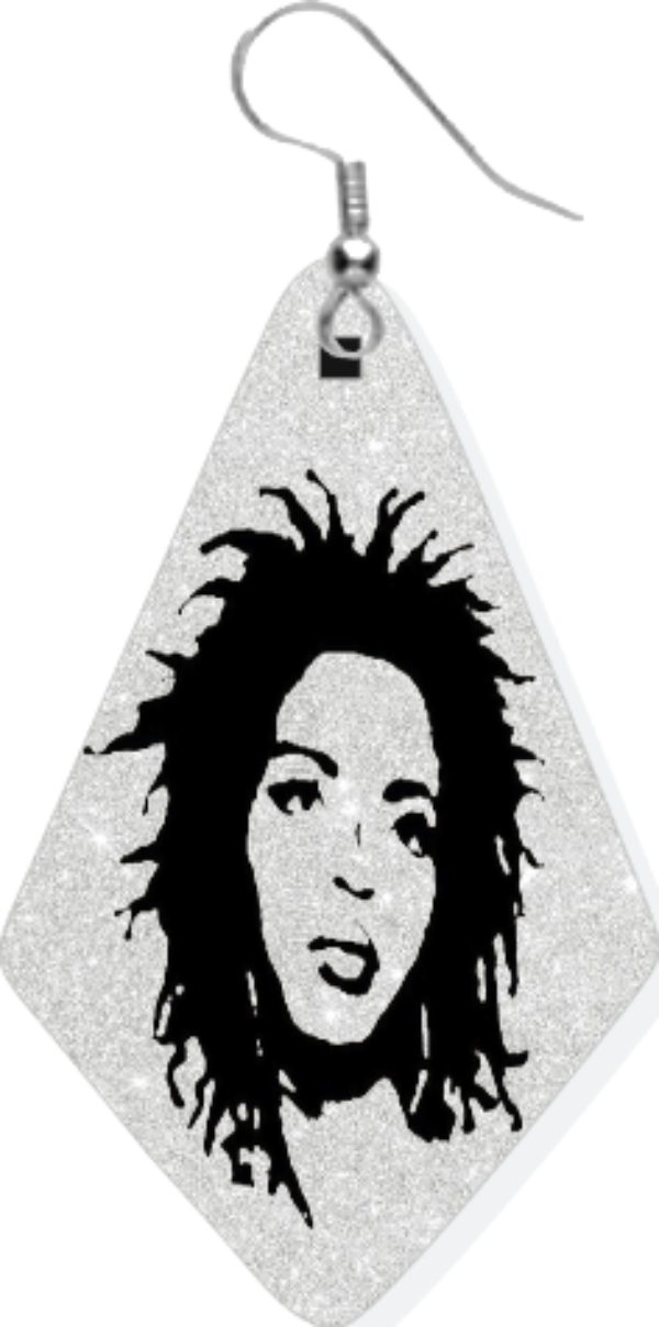 Diamond shaped earring with a photo of Lauryn Hill
