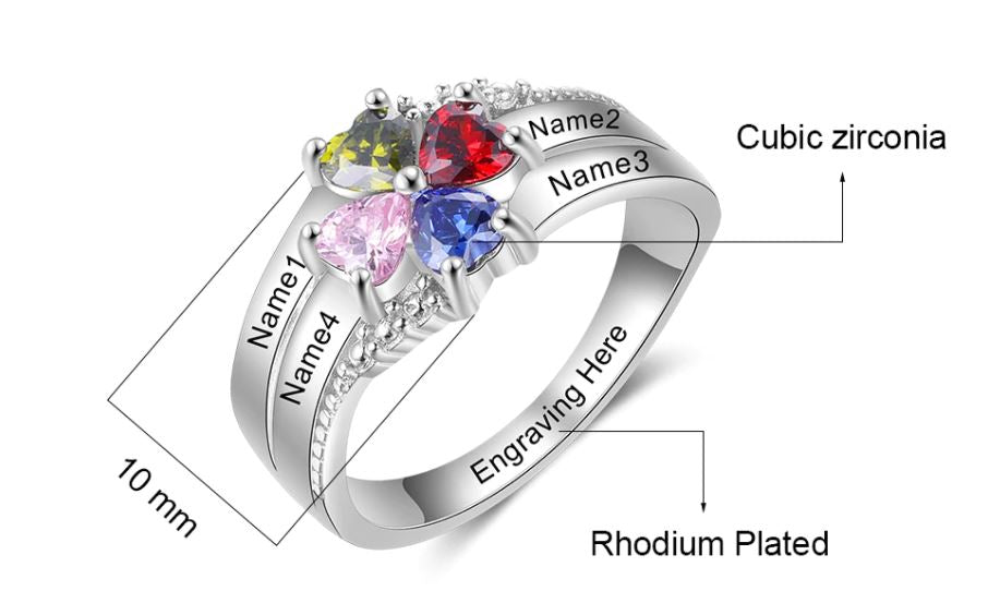 Customized Family Name Mothers Ring with 4 Heart Birthstones Silver Color Personalized Engraved Rings for Women