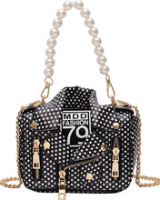 Load image into Gallery viewer, Leather Jacket style purse black with white polka dots. Pearl chain handle