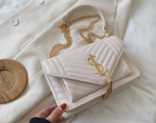 Load image into Gallery viewer, White quilt pattern purse with SL in Gold metal letters