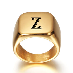 Personalized Initial Engrave A to Z  Stainless Steel Signet Blank Plain Ring Band High Polished Gold Tone