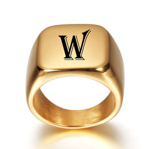 Personalized Initial Engrave A to Z  Stainless Steel Signet Blank Plain Ring Band High Polished Gold Tone