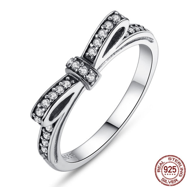 Sparkling Bow Knot Stackable 925 Sterling Silver Ring with Cubic Zirconia