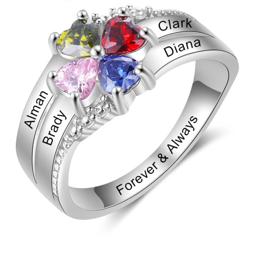 Ring with birthstones and name engravings
