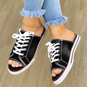Super Cute Lace Up Slipper Canvas Jean Shoe with Comfortable Peep Toe
