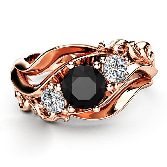 Entanglement Unique Black Stone Twisted Band Rose Gold Color Ring