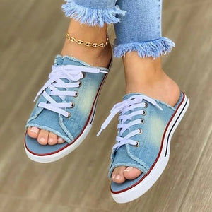 Super Cute Lace Up Slipper Canvas Jean Shoe with Comfortable Peep Toe