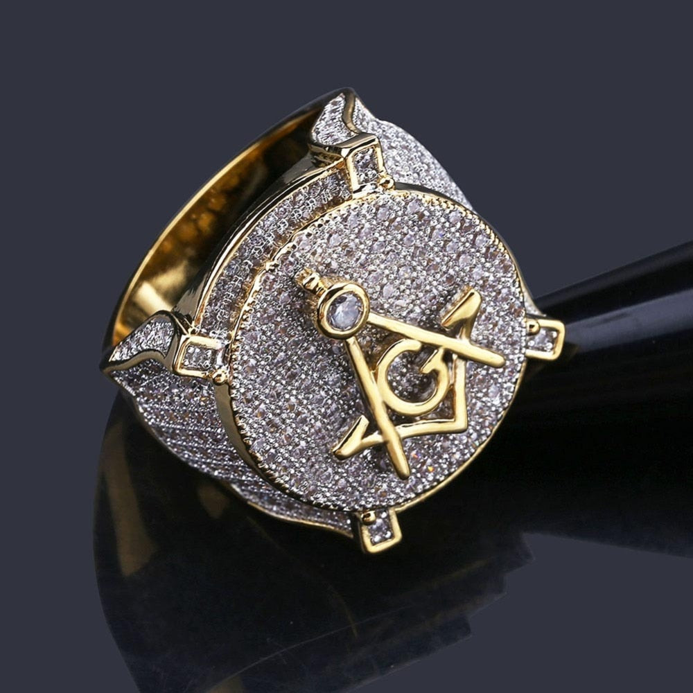 Plated Brass Iced Cubic Zircon Masonic Ring