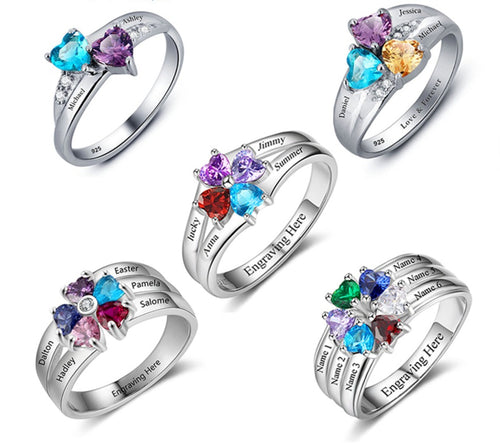 925 Sterling Silver Custom Engraved Mothers Ring with Birthstones up to 5 Stones