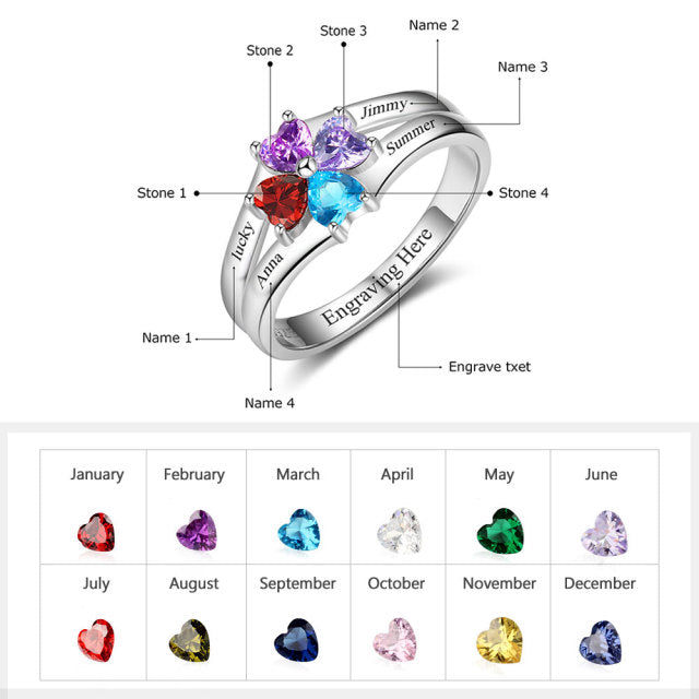 Custom silver  ring with 4 custom engraving and choice of 4 birth stones