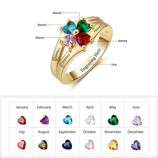Custom Gold ring with 4 custom engraving and choice of 4 birth stones