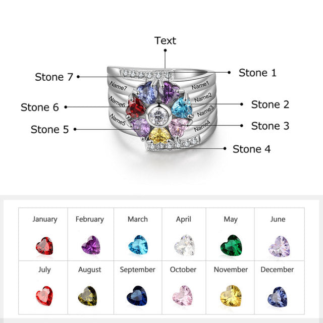 Custom silver  ring with 7 custom engraving and choice of  7birth stones