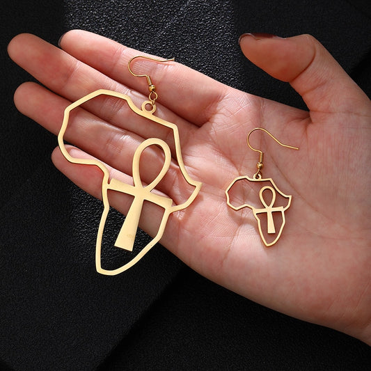 Africa shaped earrings with an Ankh in the middle