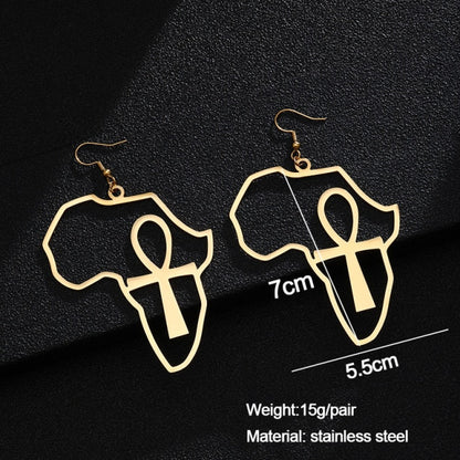 Egyptian Ankh Cross Africa Map Gold Earrings Stainless Steel Pendants Dangle Earrings