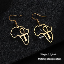 Load image into Gallery viewer, Egyptian Ankh Cross Africa Map Gold Earrings Stainless Steel Pendants Dangle Earrings