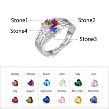 Load image into Gallery viewer, Customized Family Name Mothers Ring with 4 Heart Birthstones Silver Color Personalized Engraved Rings for Women