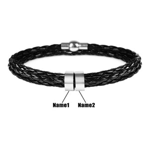 Personalized Mens Braided Genuine Leather and Stainless Steel Bracelet Custom Name Charms