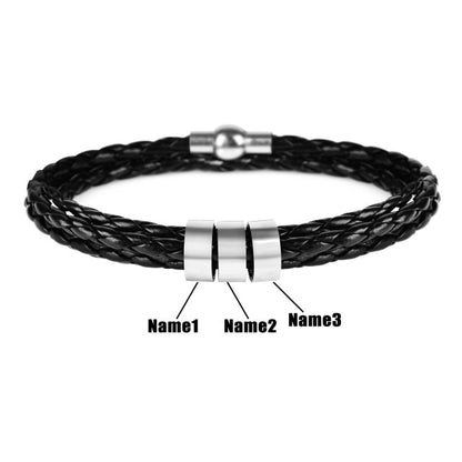 Personalized Mens Braided Genuine Leather and Stainless Steel Bracelet Custom Name Charms