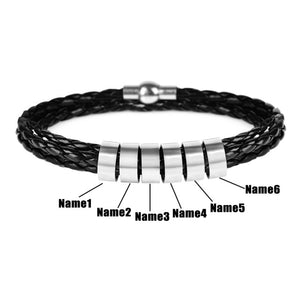 Personalized Mens Braided Genuine Leather and Stainless Steel Bracelet Custom Name Charms