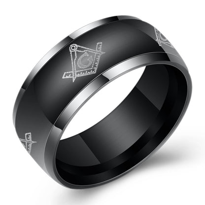 Titanium Steel Masonic Black Ring with Stainless Steel Trim