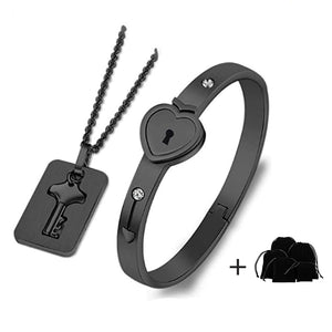 Black Stainless Steel Heart and Key Bracelet Choker Set